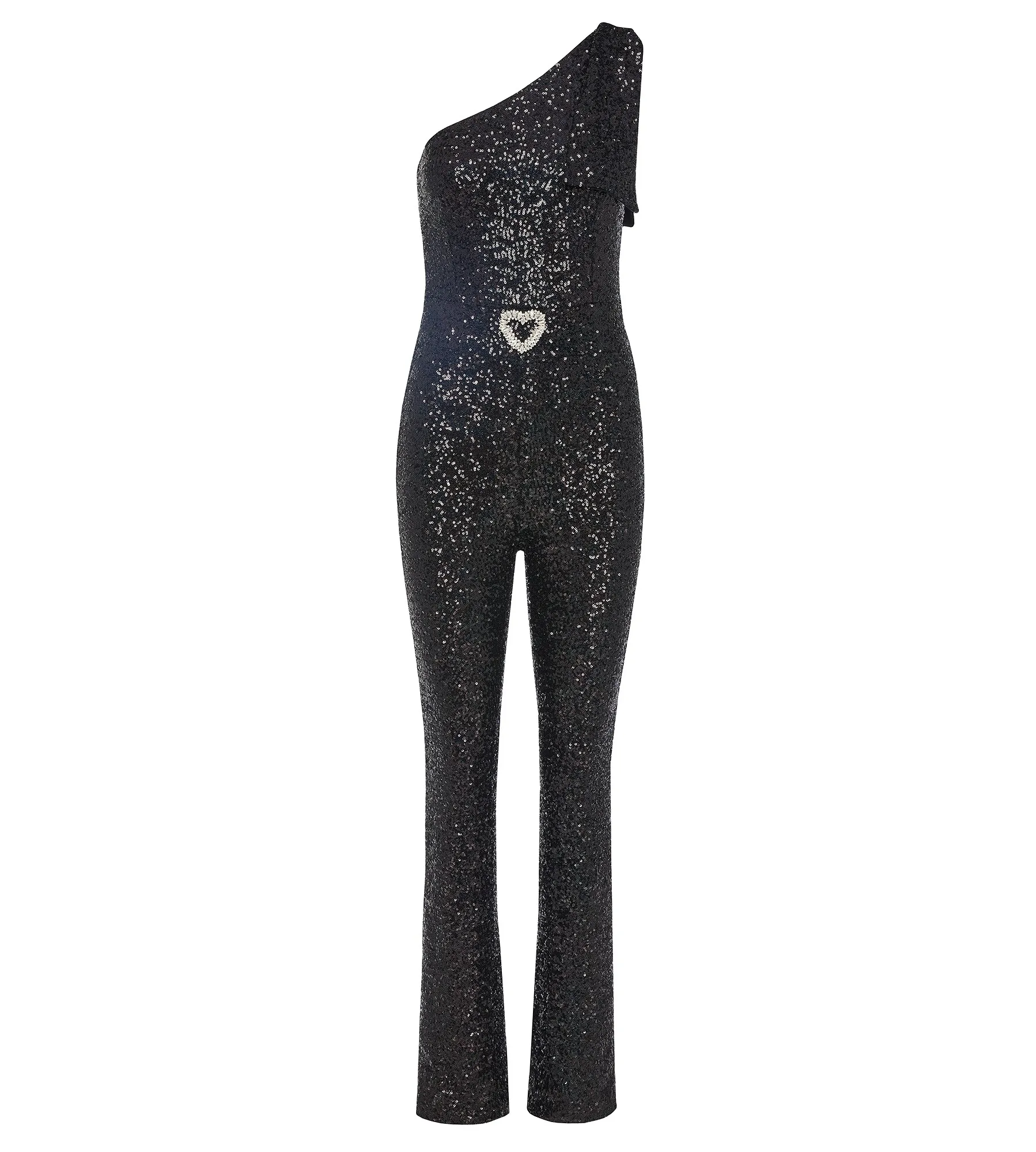 Oneshoulder Pailletten-Jumpsuit mit Herz aus Kristallen