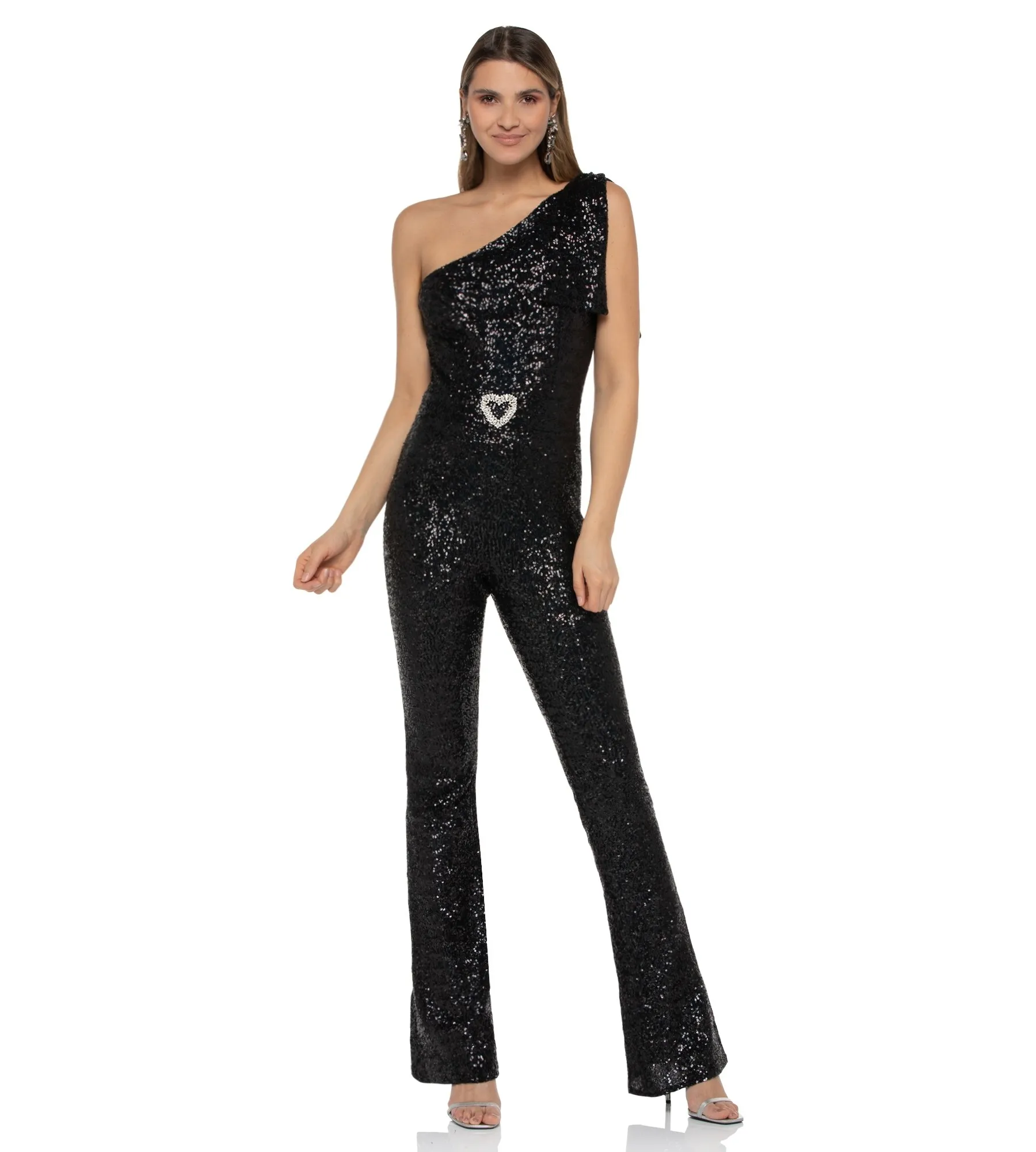 Oneshoulder Pailletten-Jumpsuit mit Herz aus Kristallen