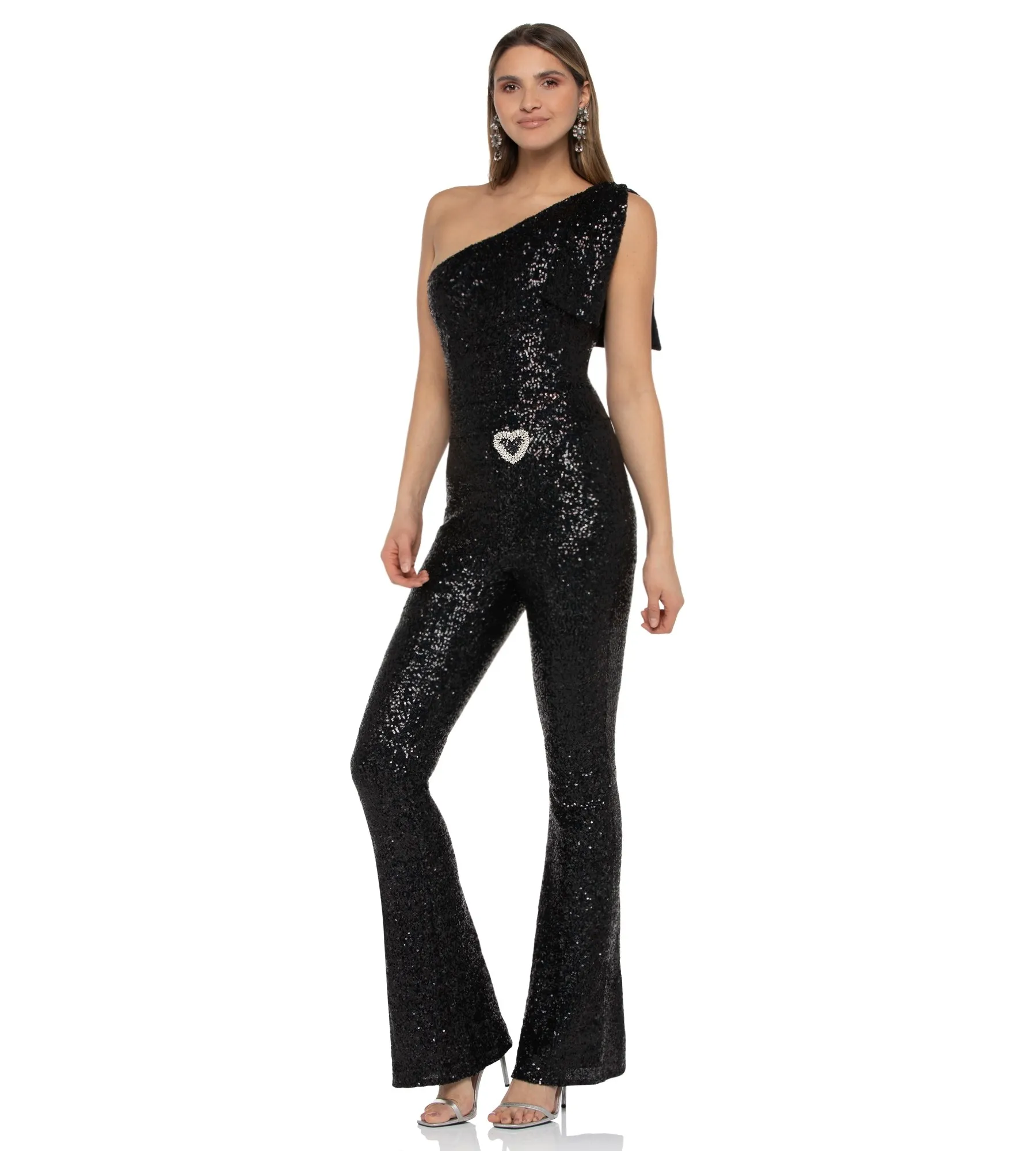 Oneshoulder Pailletten-Jumpsuit mit Herz aus Kristallen