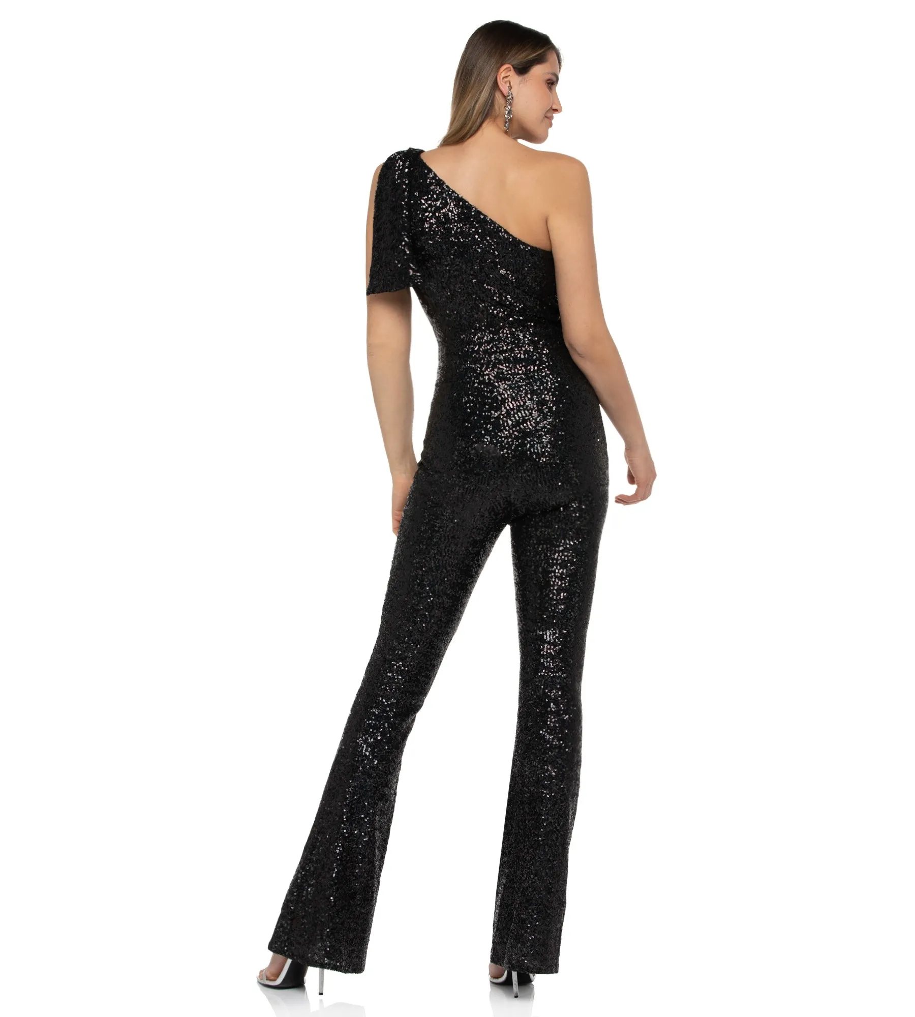 Oneshoulder Pailletten-Jumpsuit mit Herz aus Kristallen